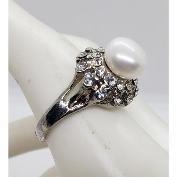 Vintage Big Ring Silver Genuine Pearl & Rhinestone Cluster Cocktail Domed sz 9 - Picture 6 of 7